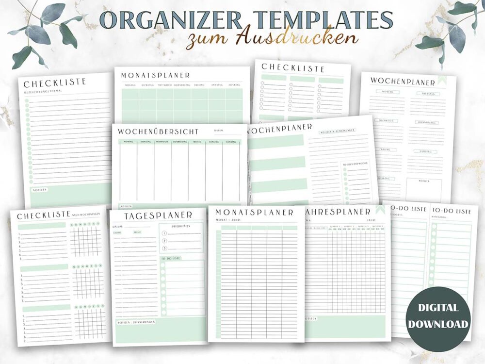 Planer Organizer Vorlagen Zum Ausdrucken Minimal Green Komplett