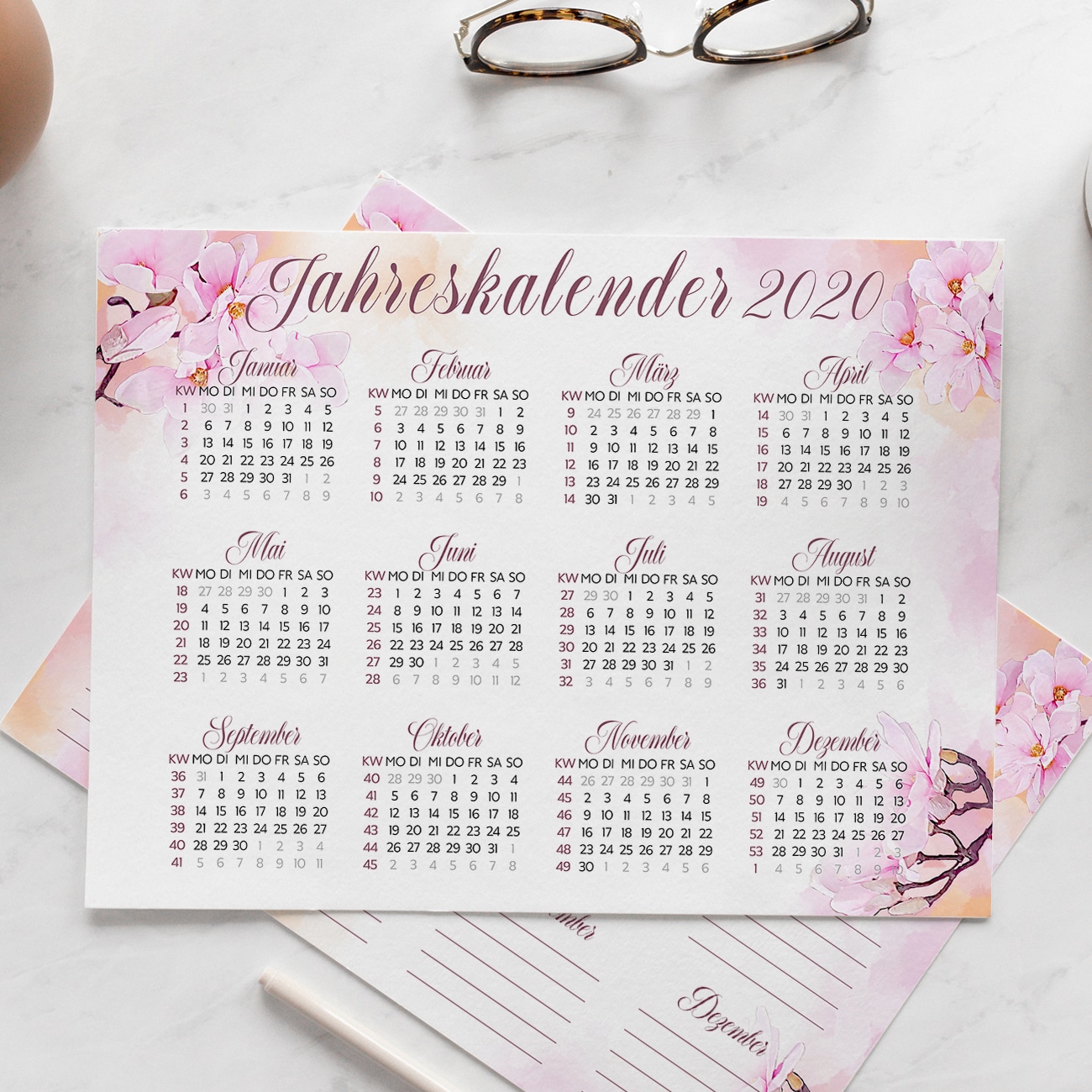 Jahreskalender 2020 Kalender zum Ausdrucken modern blumen mit kalenderwochen