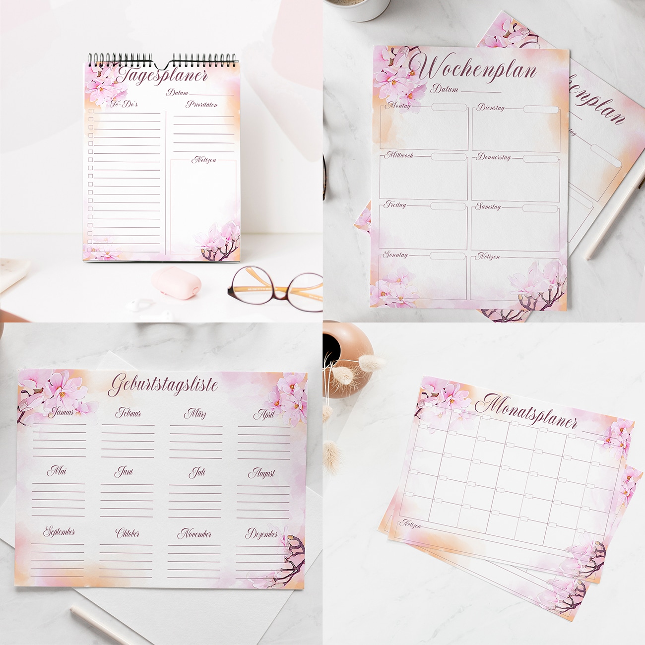 Kalender 2020 zum Ausdrucken Planer Vorlagen Tischauflage ausfüllbare PDF Watercolor Pink rosa blumen