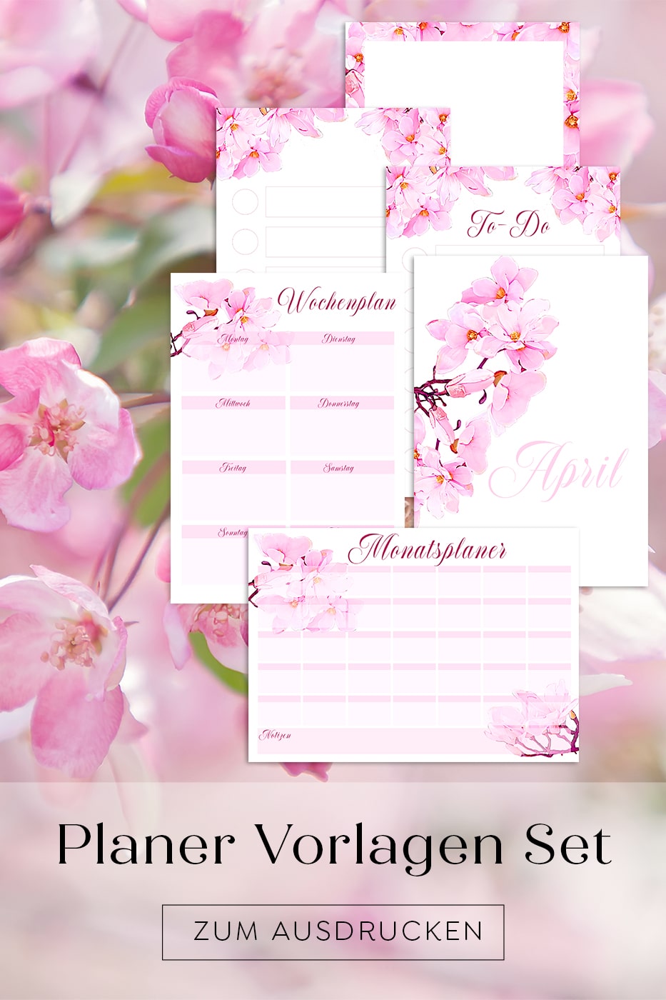 Kalender Planer Vorlagen Set zum Ausdrucken Bullet Journal Idee Deutsch Druckbar Pink Spring Blüten