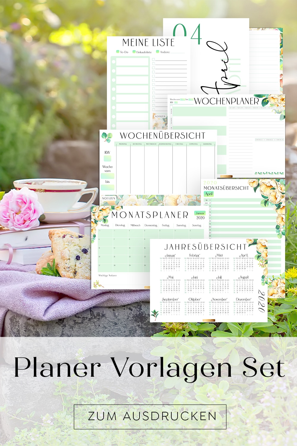 Kalender Planer Vorlagen Set zum Ausdrucken Bullet Journal Idee Deutsch Druckbar Rosen Blüten
