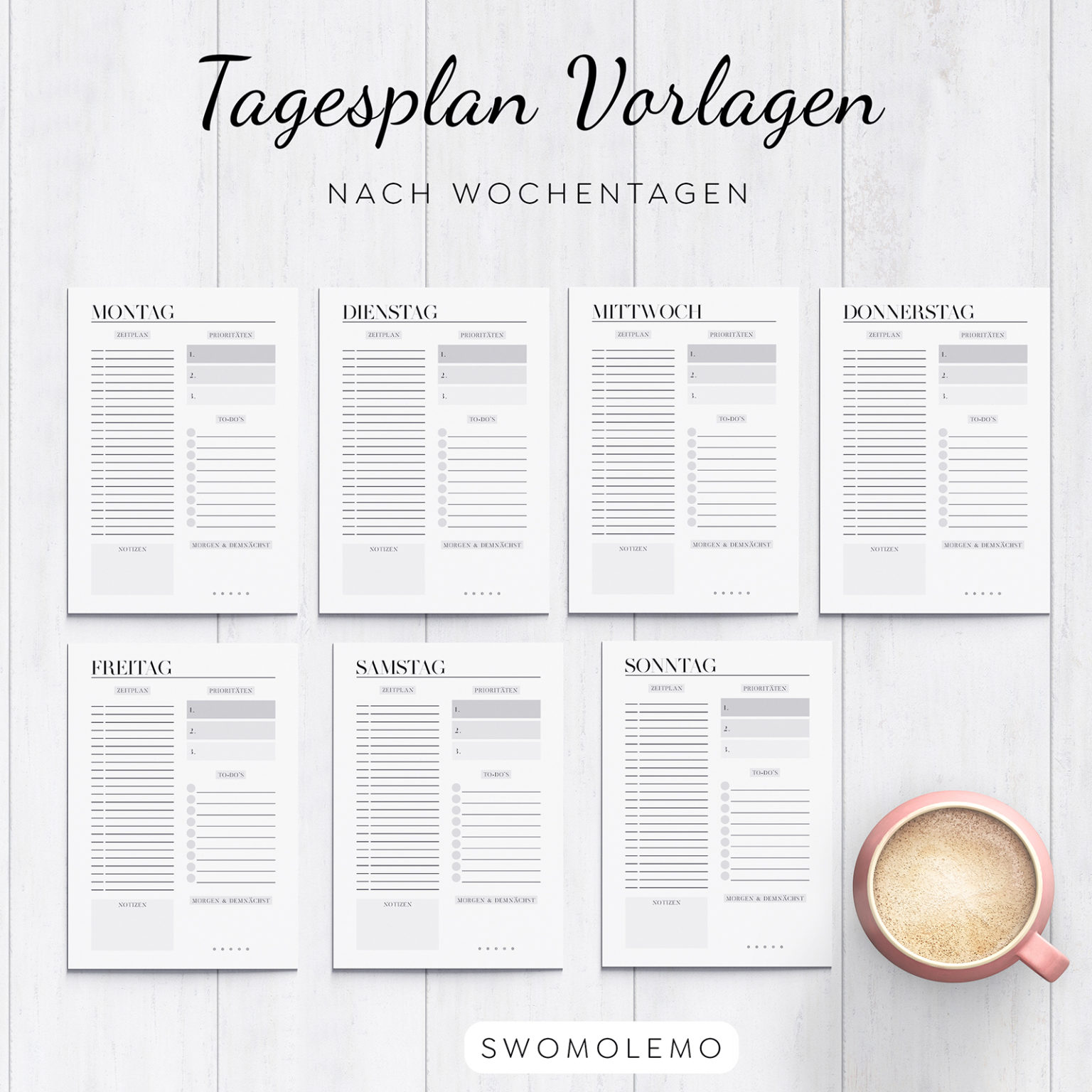 Tagesplan Vorlagen zum Ausdrucken mit Wochentagen Montag bis Sonntag