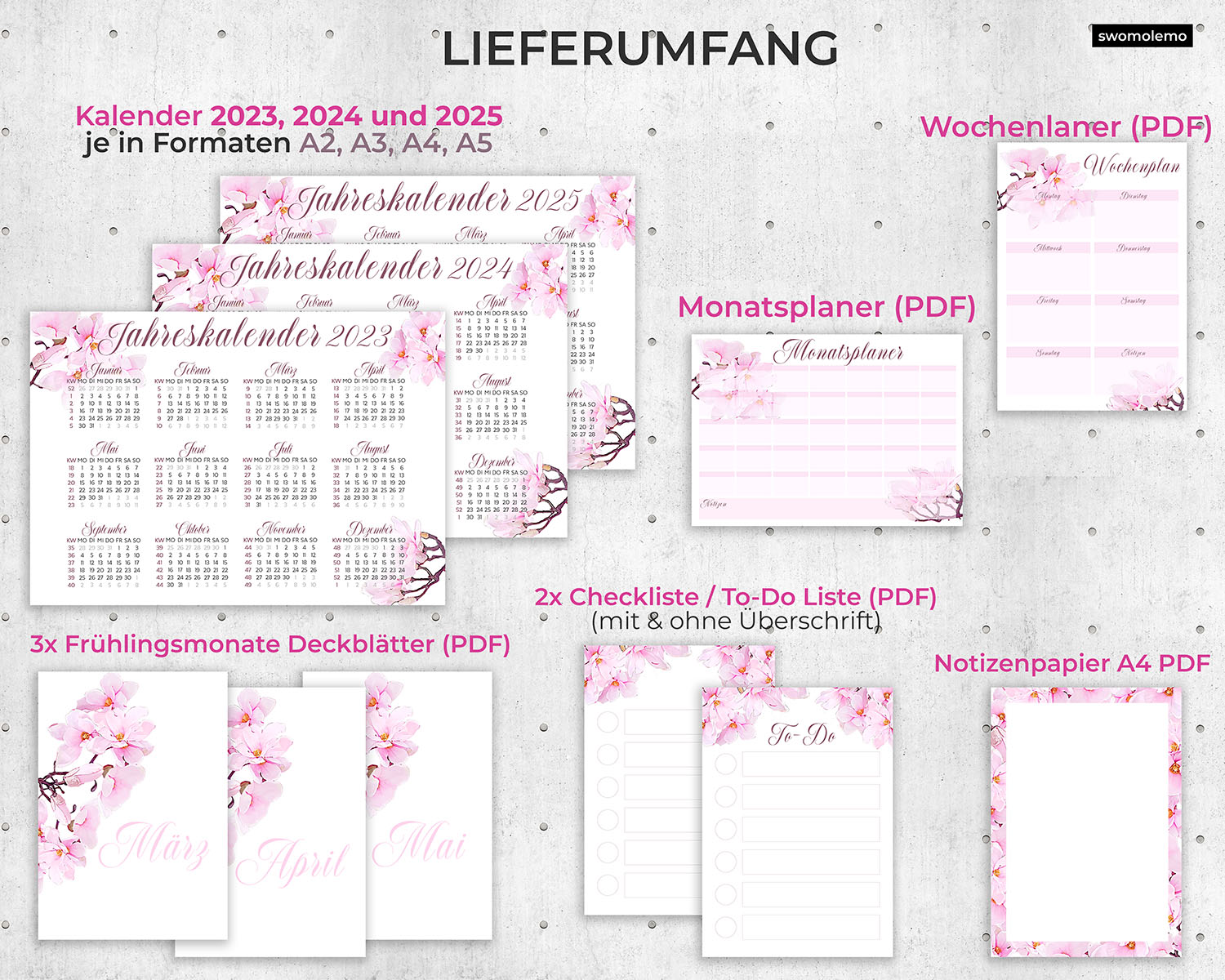 2023-Organizer-Wochenplaner-Monatsplaner-Checkliste-Pink-Blumen-Kalender-Digital