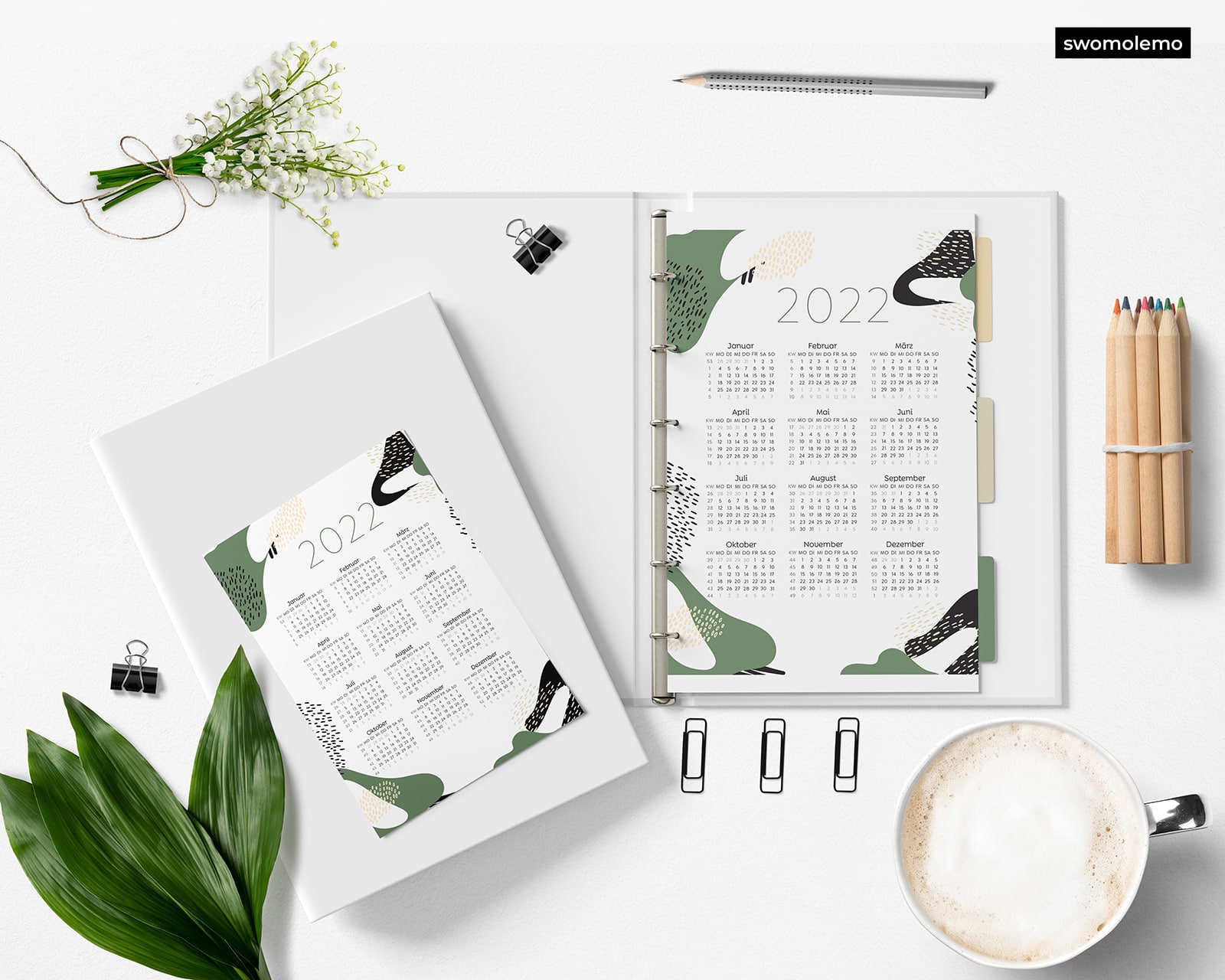 2022-Kalender-Jahr-Grün-Schwarz-Design-Abstrakt-Tischkalender-Wandkalender