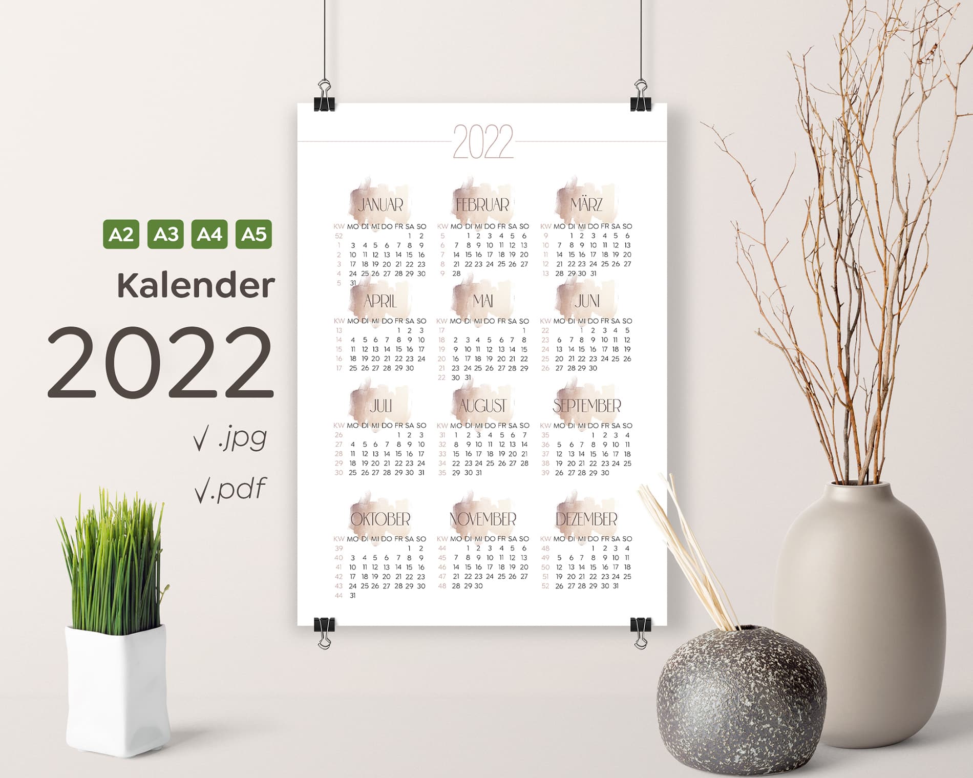 Kalender-2022-boho-Style-Watercolor-modern-Design-Wandkalender-Download