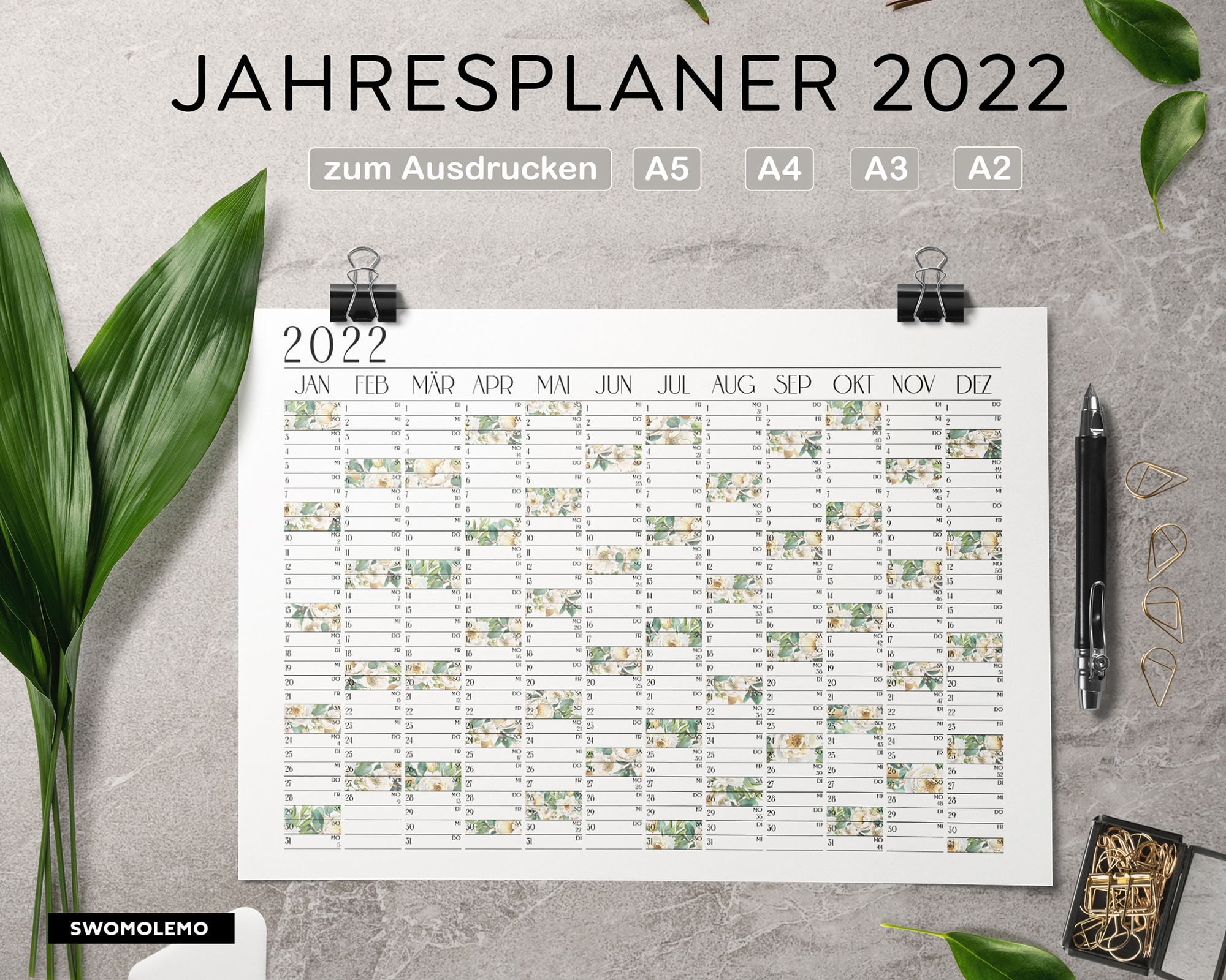 Jahresplaner-Kalender-2022-zum-Ausdrucken-A2-A3-A4-A5-Digital-Download-Modern