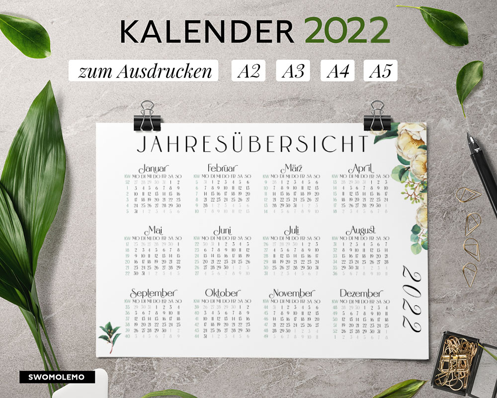 Kalender-2022-Druckvorlage-Wandkalender-Ausdrucken-Modern-Watercolor-Rosen