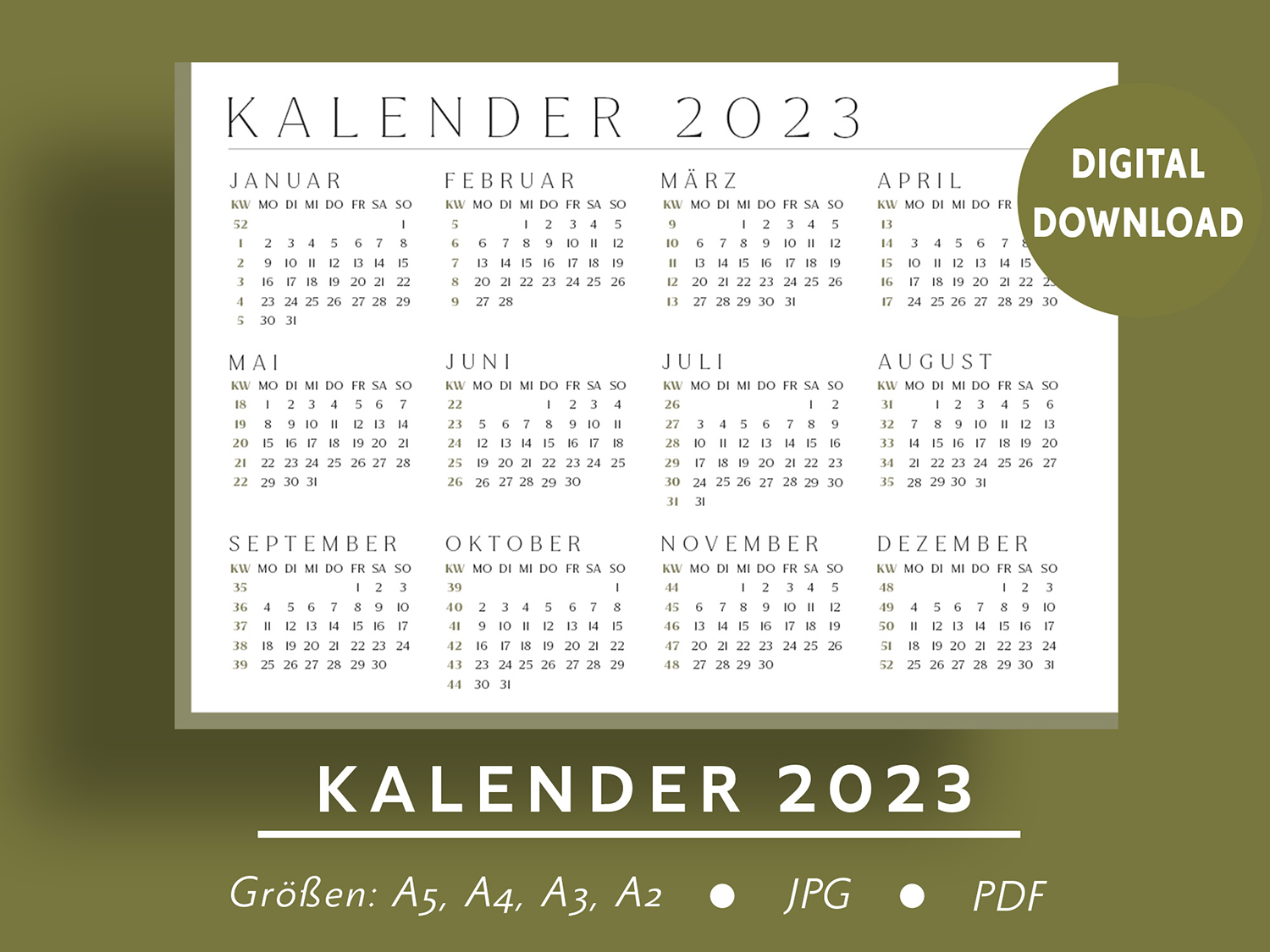 Dunkel-Grün-Khaki-Kalender-2023-ausdrucken