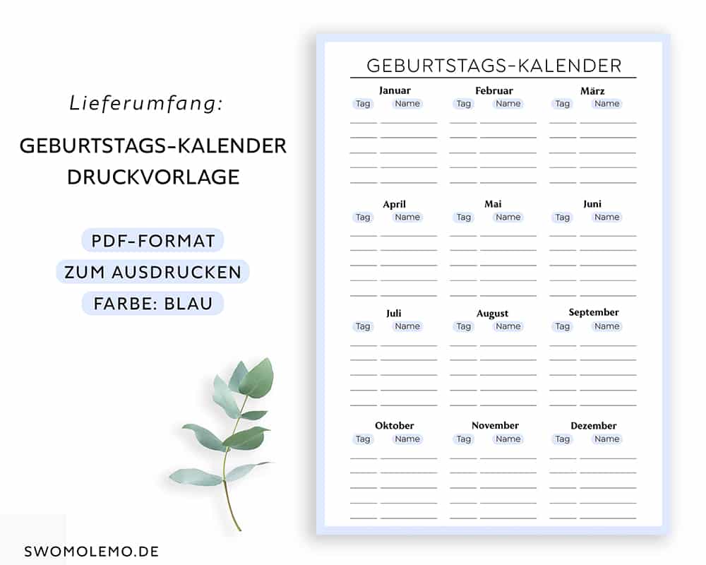 Geburtstagskalender zum Ausdrucken | Geburtstagsliste Vorlage - Blau