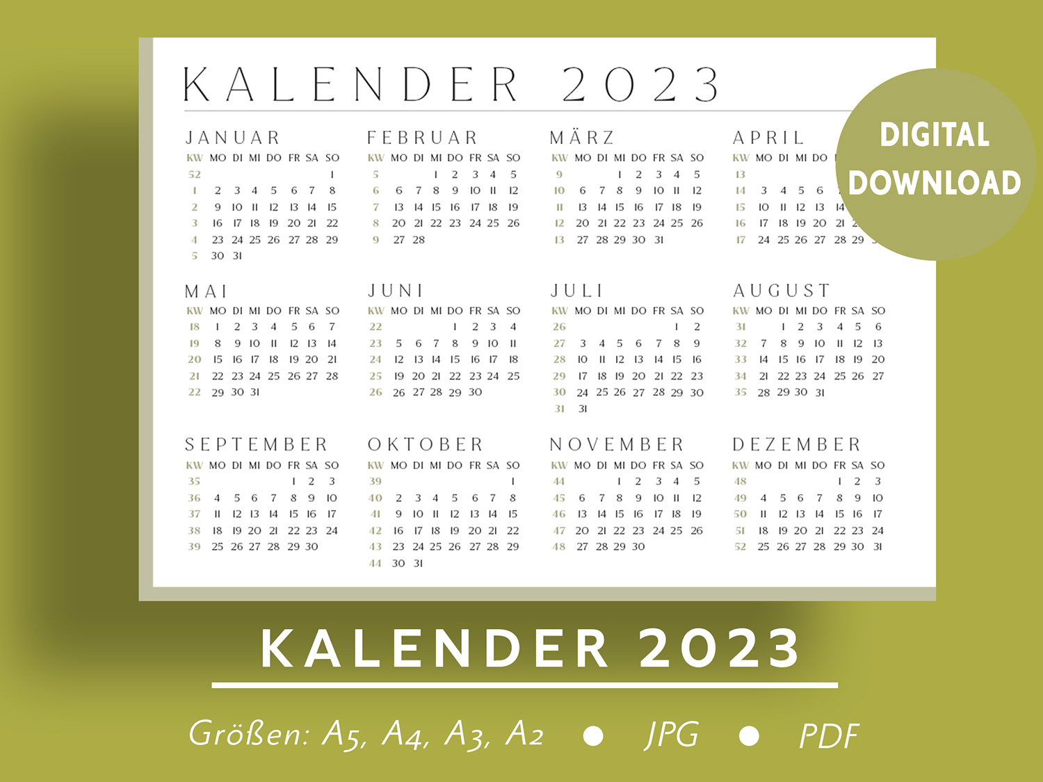 Hellgrün-Khaki-Kalender-2023-ausdrucken
