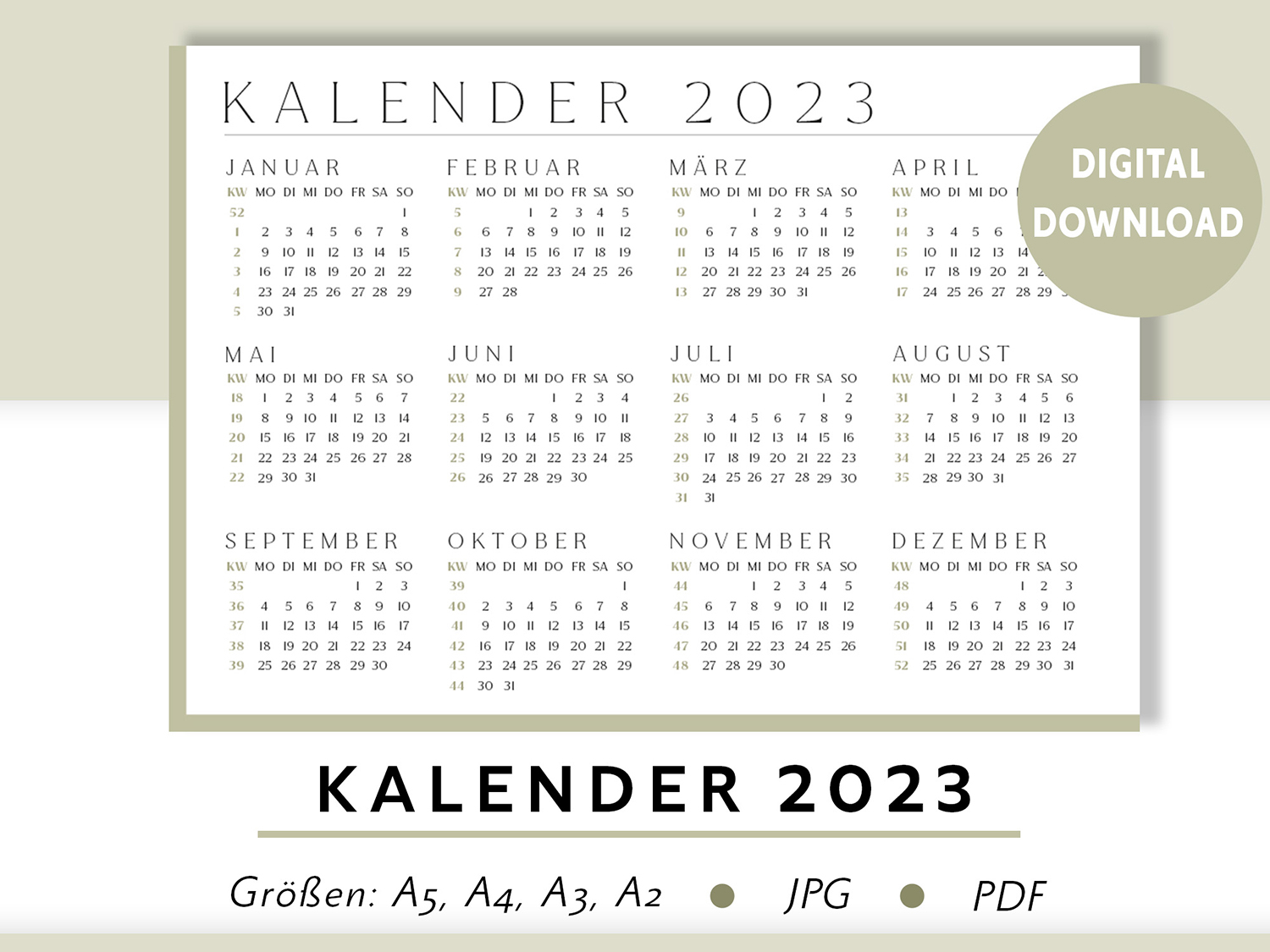 Hellgrün-Khaki-Kalender-2023-Digital-Vorlage-Planer-Bilder