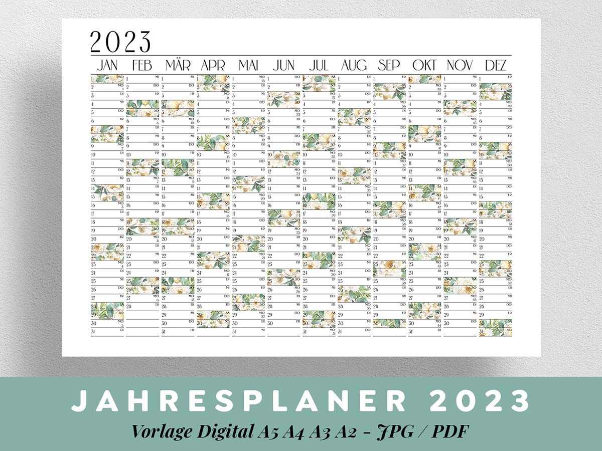 Jahresplaner-2023-Kalender-Ausdrucken-Vorlage-Blumen-Design-modern