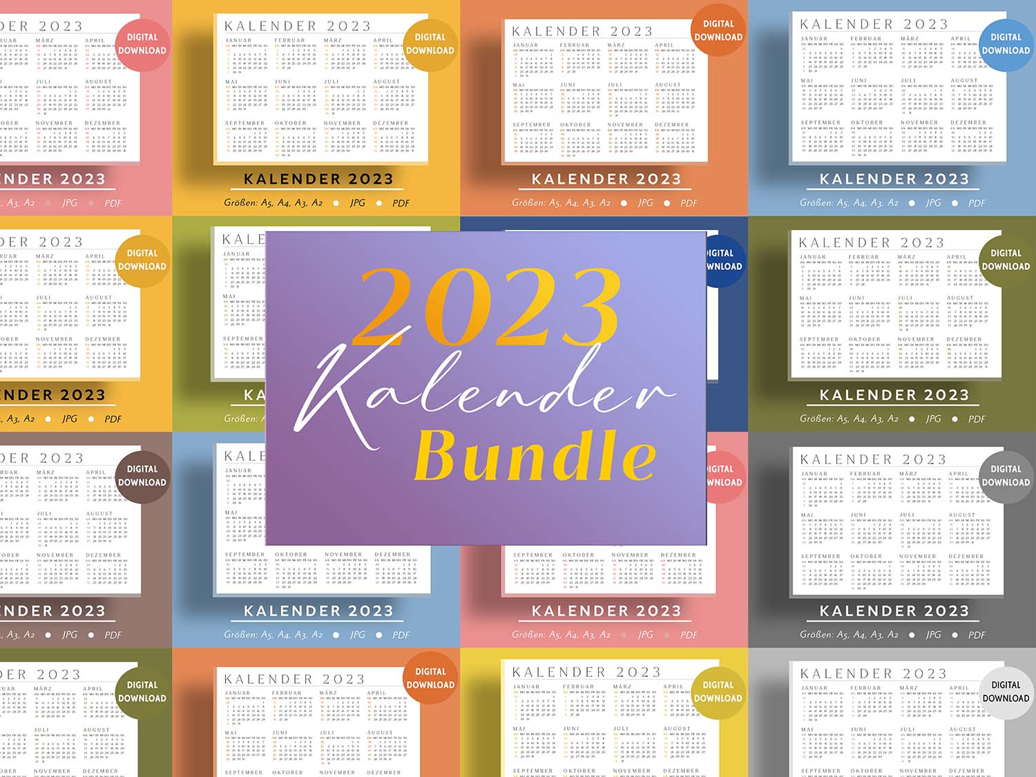 Kalender-2023-Bundle-A4-A5-PDF-Bunt-Farbe-Download-Digital