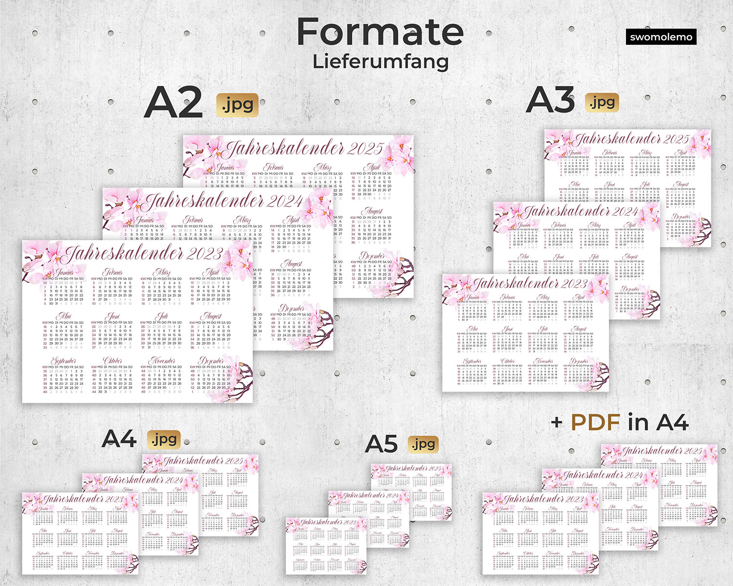 Kalender-2023-rosa-Pink-Muster-Mädchen-A2-A3-A4-A5-PDF-Ausdrucken-Digital