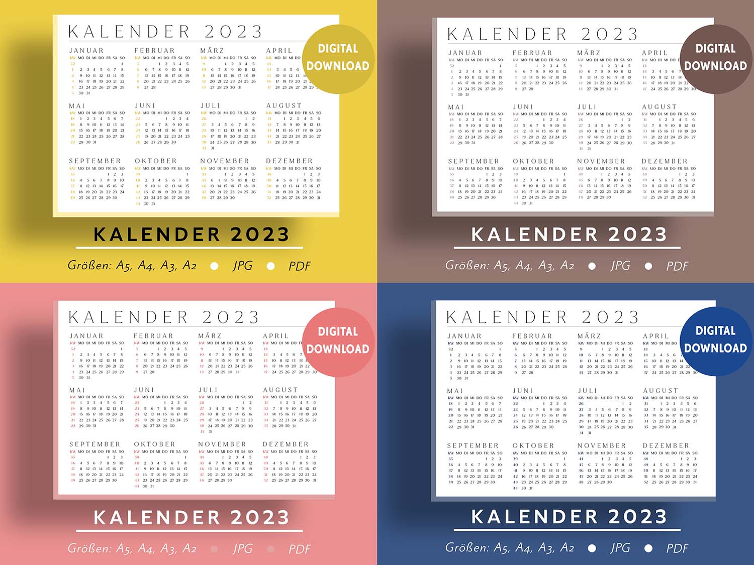 Kalender-2023-Vorlage-Ausdrucken-Gelb-Rosa-Braun-Blau