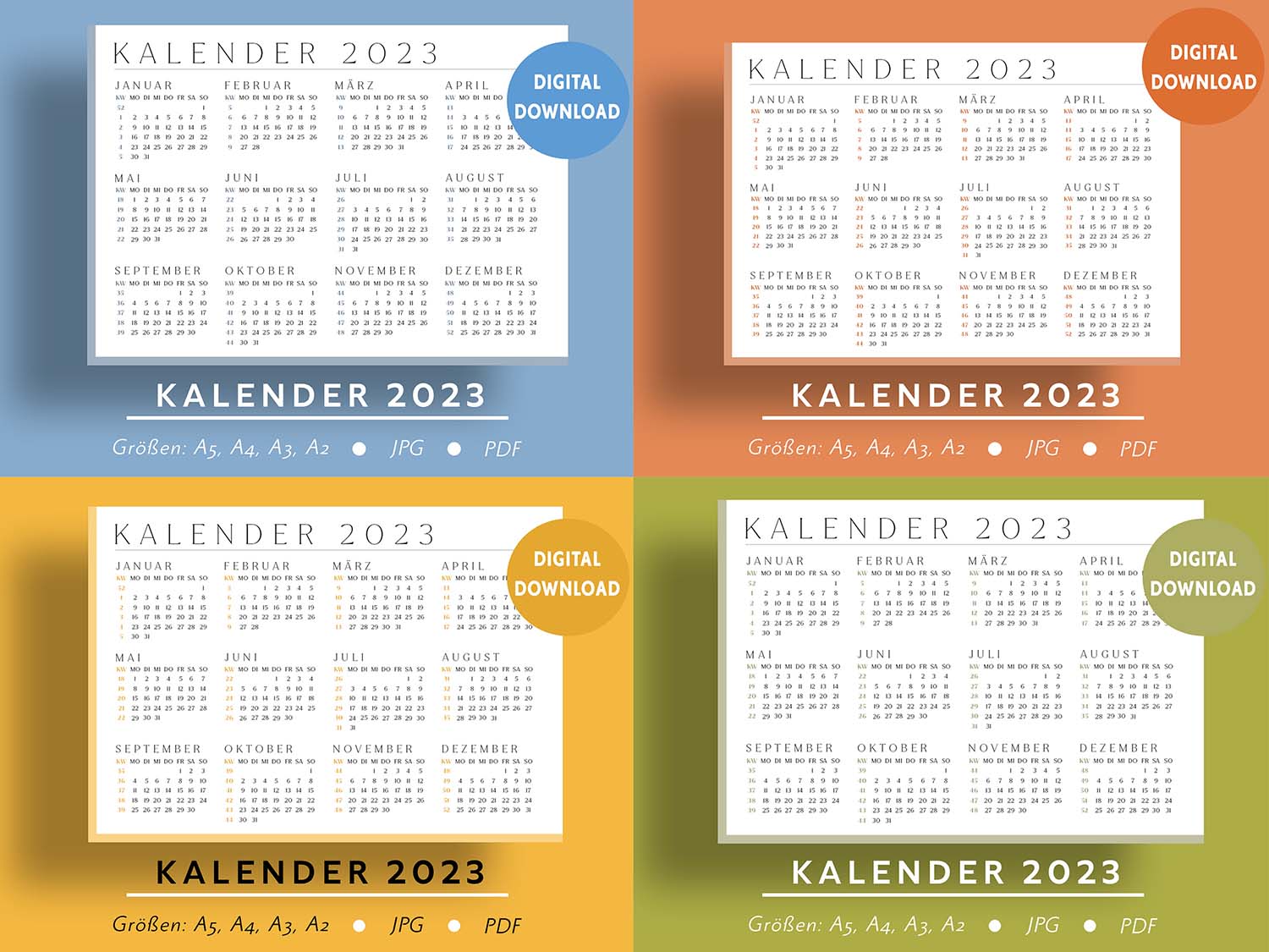 Kalender-2023-Vorlage-Blau-Orange-Oliv-A4-A5-Quer