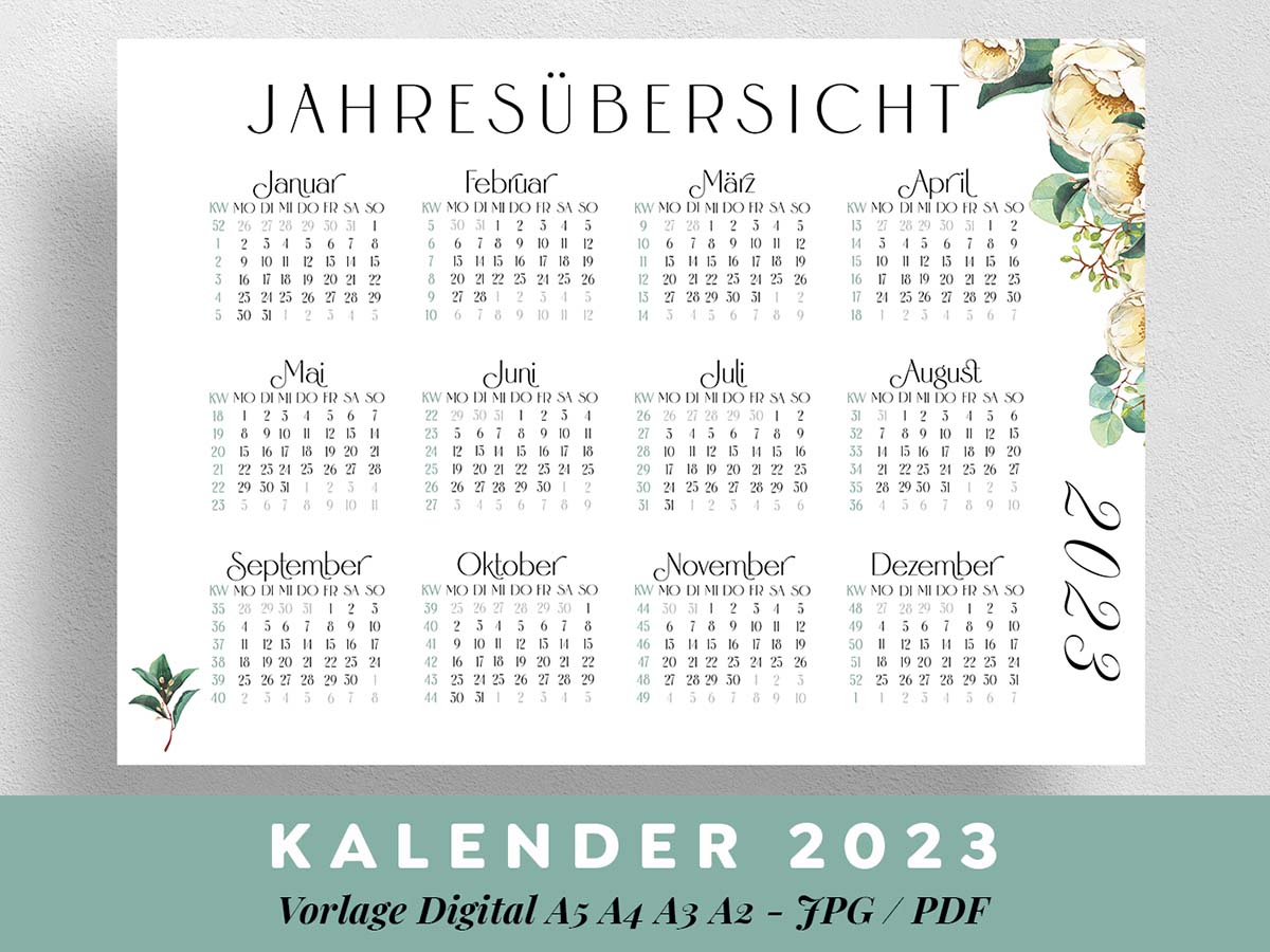 Kalender-2023-Vorlage-Digital-Blumen-Muster-Clipart