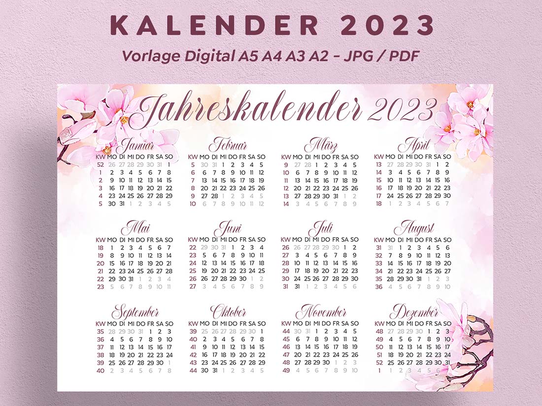 Kalender-2023-Watercolor-Floral-Ausdrucken-Vorlage-Rosa
