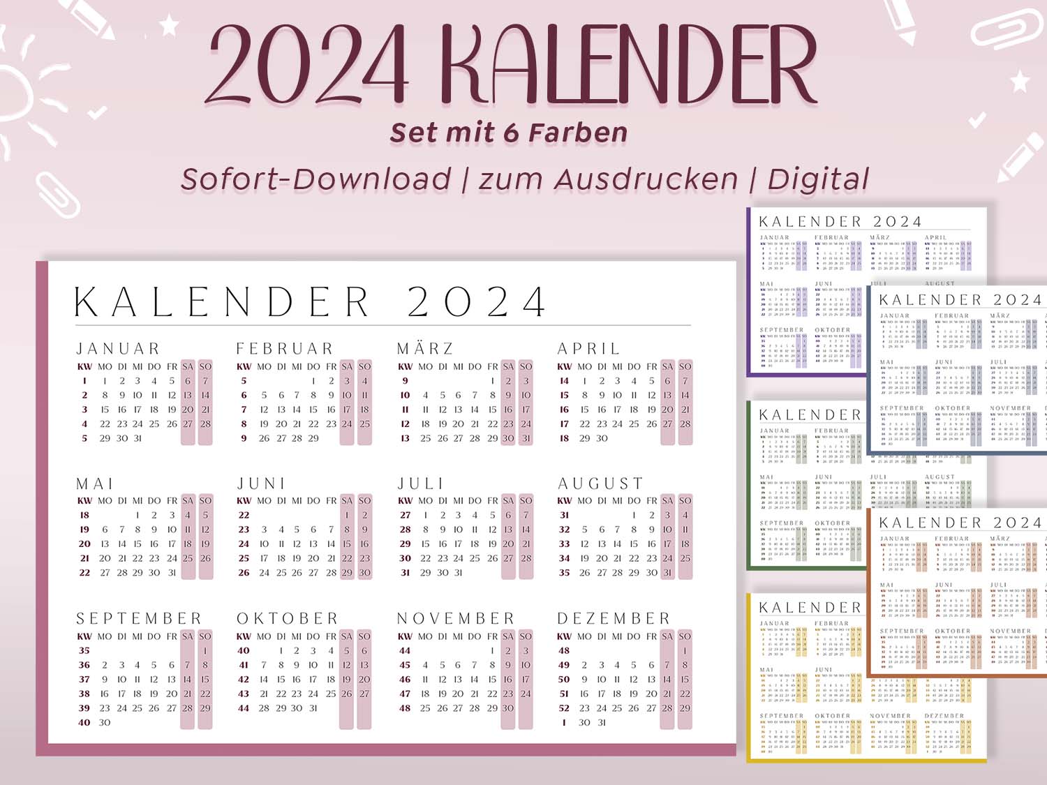 Digitaler Kalender 2024 mit minimalistischem Design in 6 Farben. Enthält Kalenderwochen, Monatsnamen und Wochentage. Sofortiger Download von hochauflösenden PDF- und JPG-Dateien. Drucke diesen nach Bedarf in den Größen DIN A5, A4, A3 oder A2 aus.