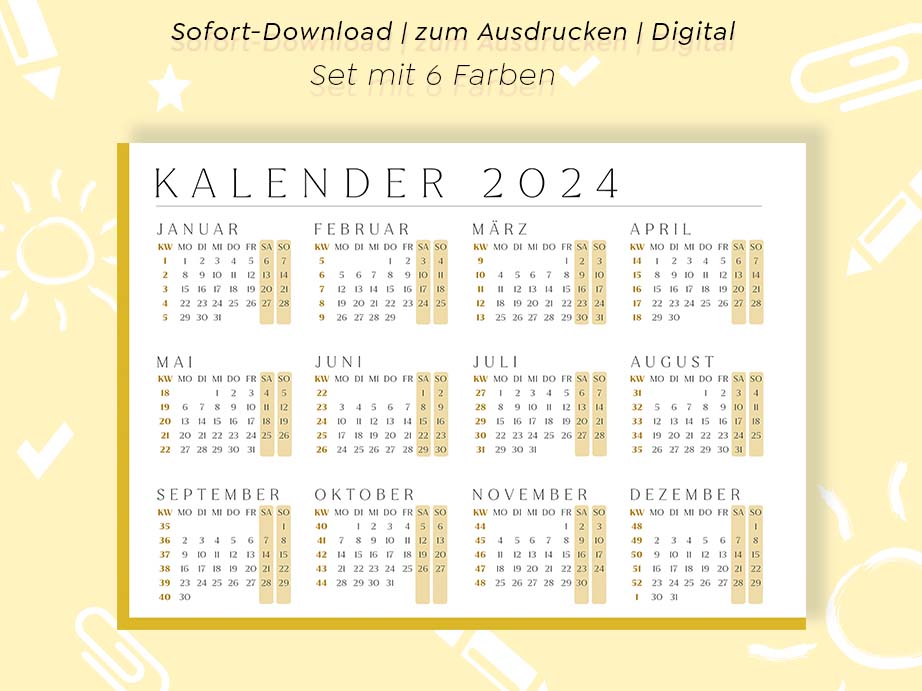 Kalender-2024-gelb-monate-wochentage-deutschland