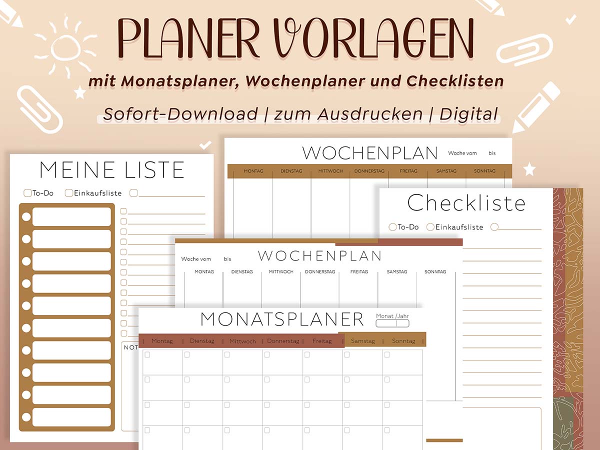 Organizer-Vorlagen-Monatsplaner-Wochenplaner-Checkliste-TO-DO-Ausdrucken-Braun