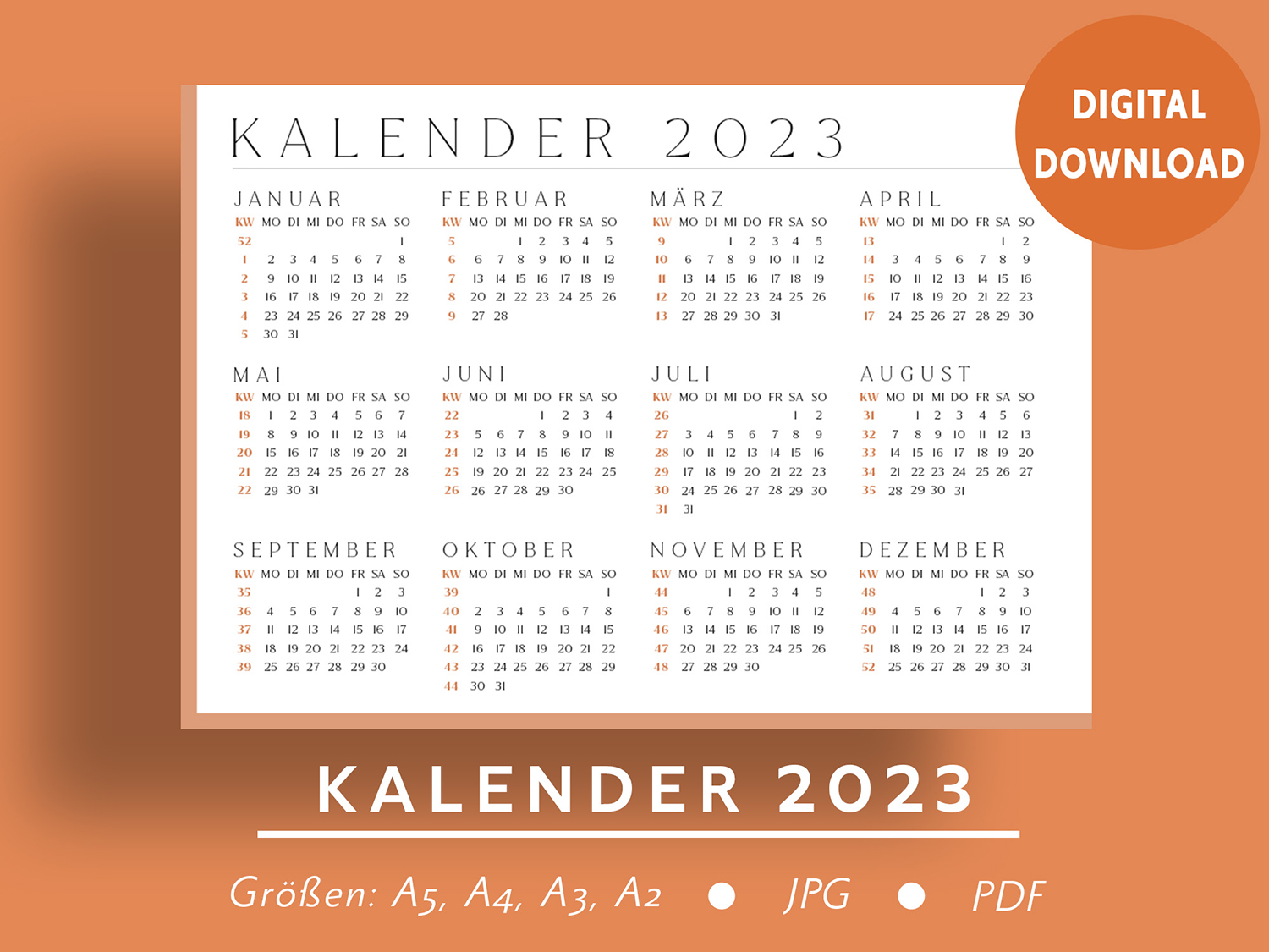 Rot-Orange-Kalender-2023-ausdrucken