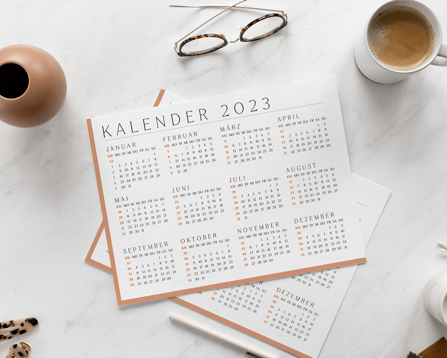 Rot-Orange-Kalender-selbst-erstellen-2023-Kalenderwoche