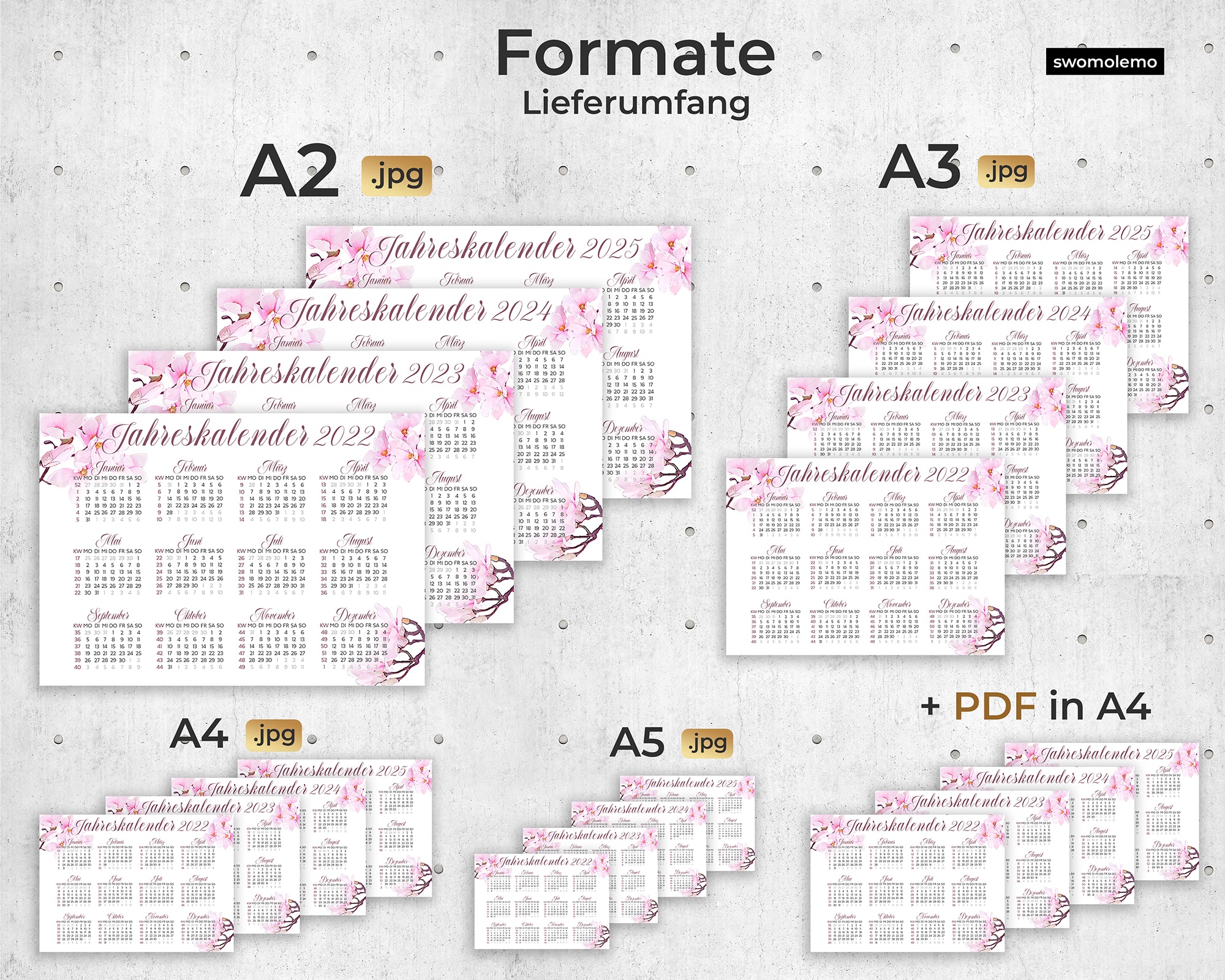 2022-Kalender-Set-Ausdrucken-Digital-Rosa-A5-A4-A3-A2-Blumen-Wasserfarben-Modern