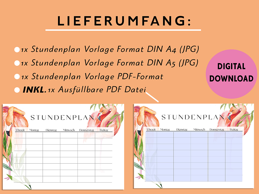 Stundenplan-Din-A4-A5-PDF-Ausfüllen-PC-Bearbeiten-Flamingo-Clipart