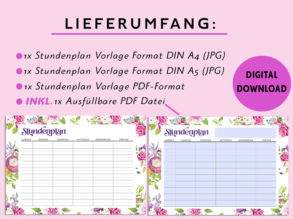 Stundenplan-Din-A4-A5-PDF-Ausfüllen-PC-Bearbeiten-Uhrzeit-Blumen