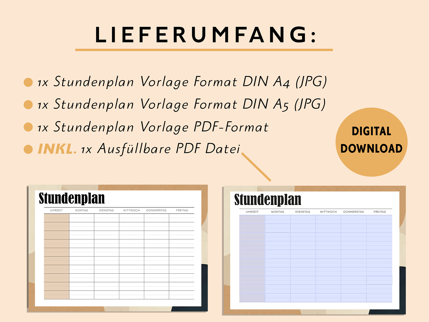 Stundenplan-Drucken-Ausfüllen-pdf-Design-Beige-Digital-Leer-Layout-Uhrzeit