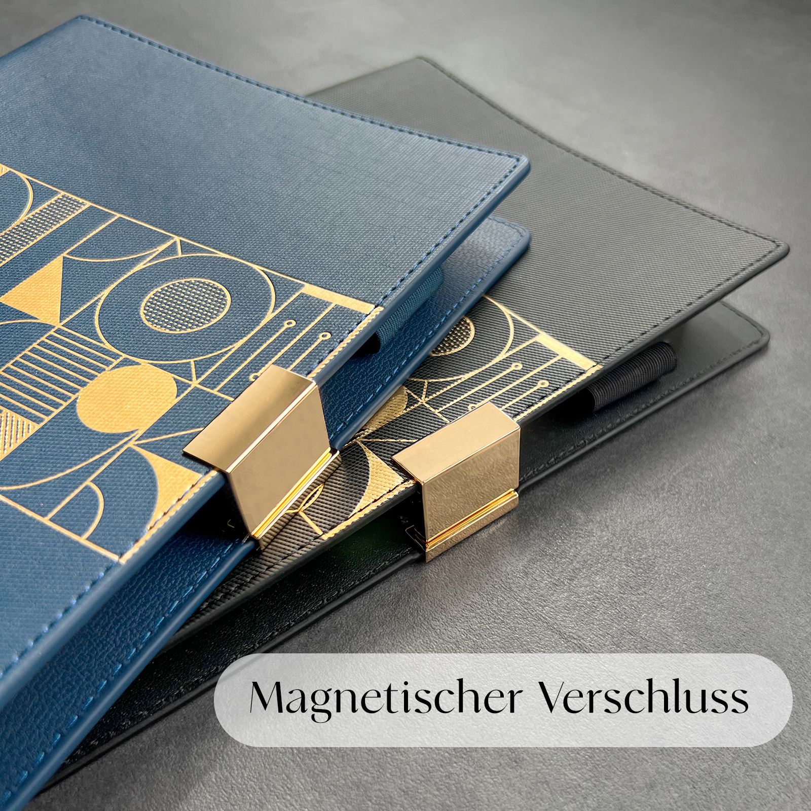 Terminplaner-Organizer-Magnetverschluss-Schnalle-Goldfarben-Cover-Blau-Schwarz