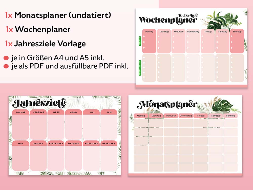 Wochenplaner-MOnatsplaner-Jahresplaner-Vorlage-Digital-Download-PDF-A4-A5-Rosa