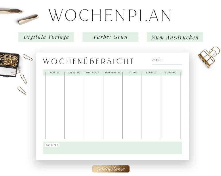 Wochenplan Vorlage PDF | Grün | Swomolemo Printables